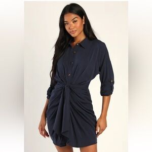 Lulu's Deep Blue Long Sleeve Dress with Knot Detail